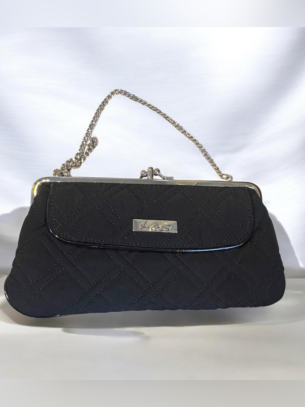 Vera Bradley Quilted Black Chain-Handle Clutch with Colorful Interior